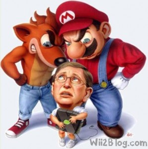 Mario and Crash Bandicoot towering over Bill Gates