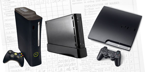Xbox 360 Elite, black Wii, PlayStation 3 Slim